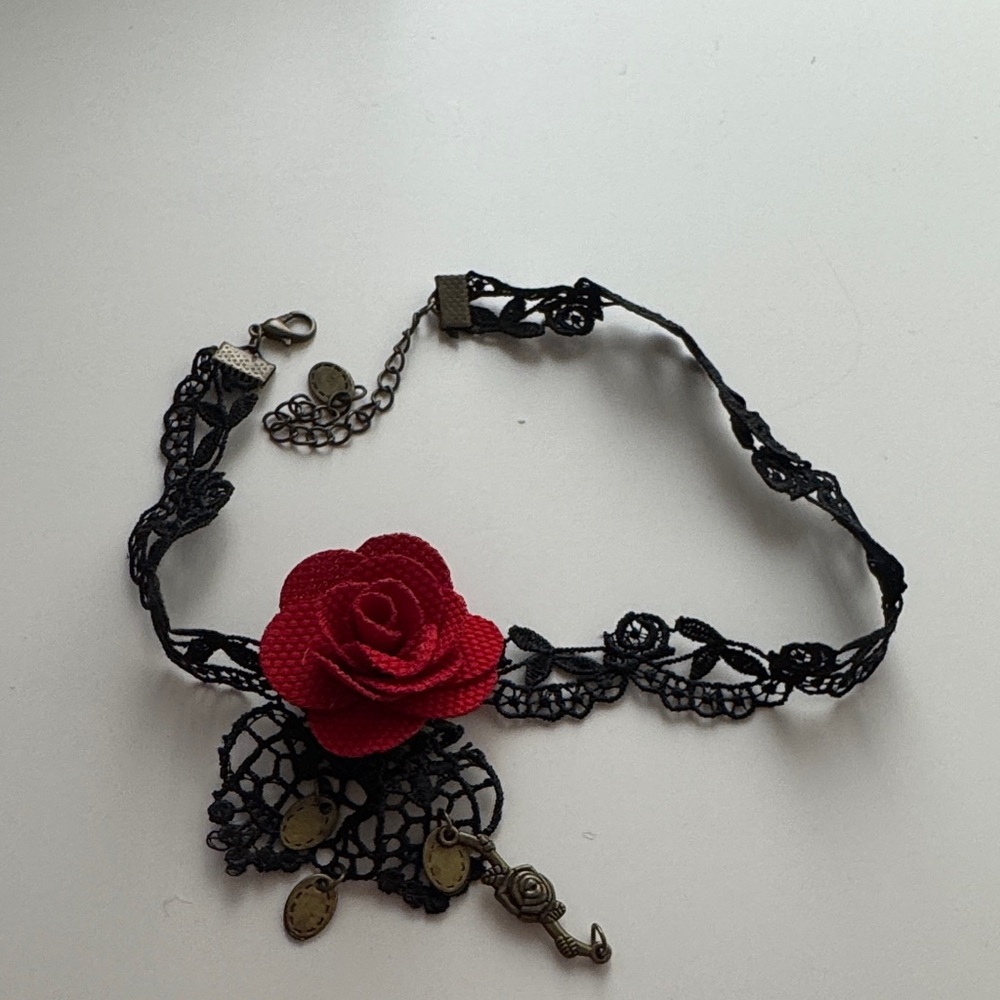 Black Lace Choker with Red Rose